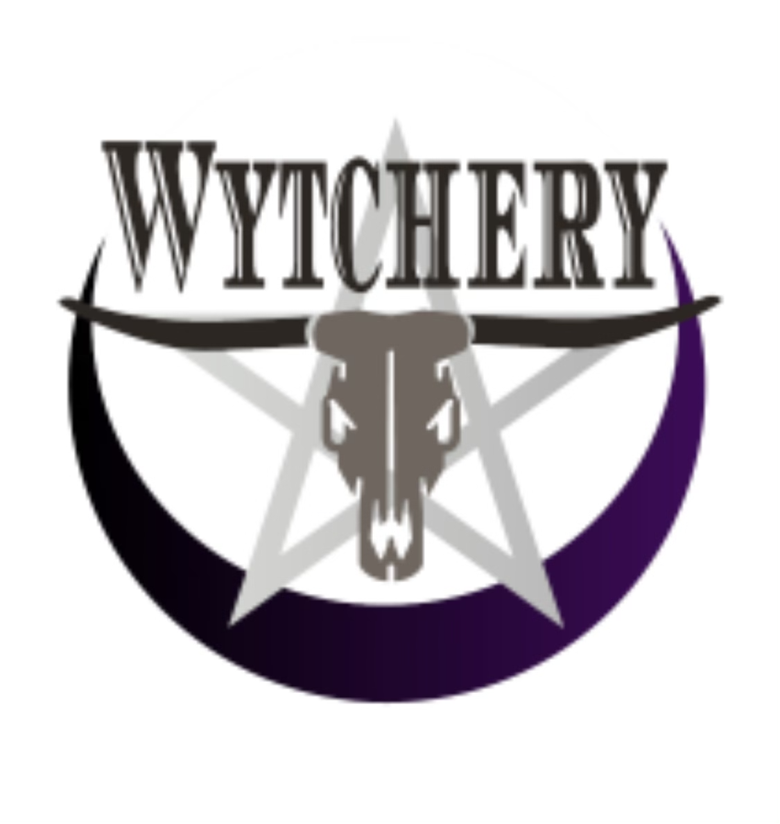 Wytchery Logo- Wytchery in text above a longhorn cow skull in front of a pentagram and a purple moon